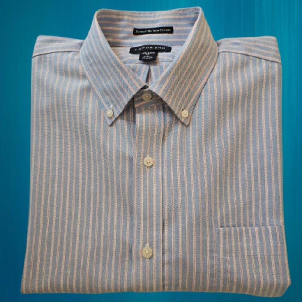 LANDS' END NO IRON OXFORD MEN'S STRIPE LONG SLEEVE DRESS SHIRT - SIZE 16.5 (34)
